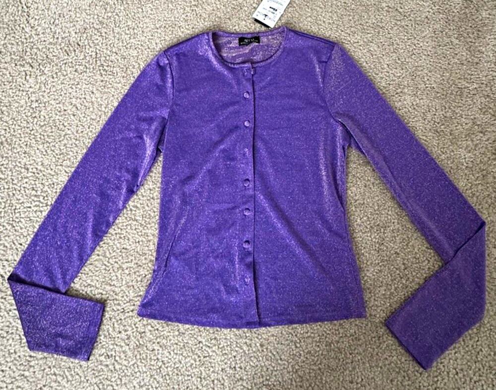 AFRM Linda Cardigan Womens XS Deep Violet Metallic Sparkle Button Front NWT